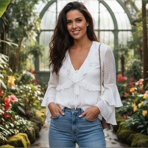 NEW YUMI KIM White Swiss Dot Flowy Paris Top / Blouse Size Large